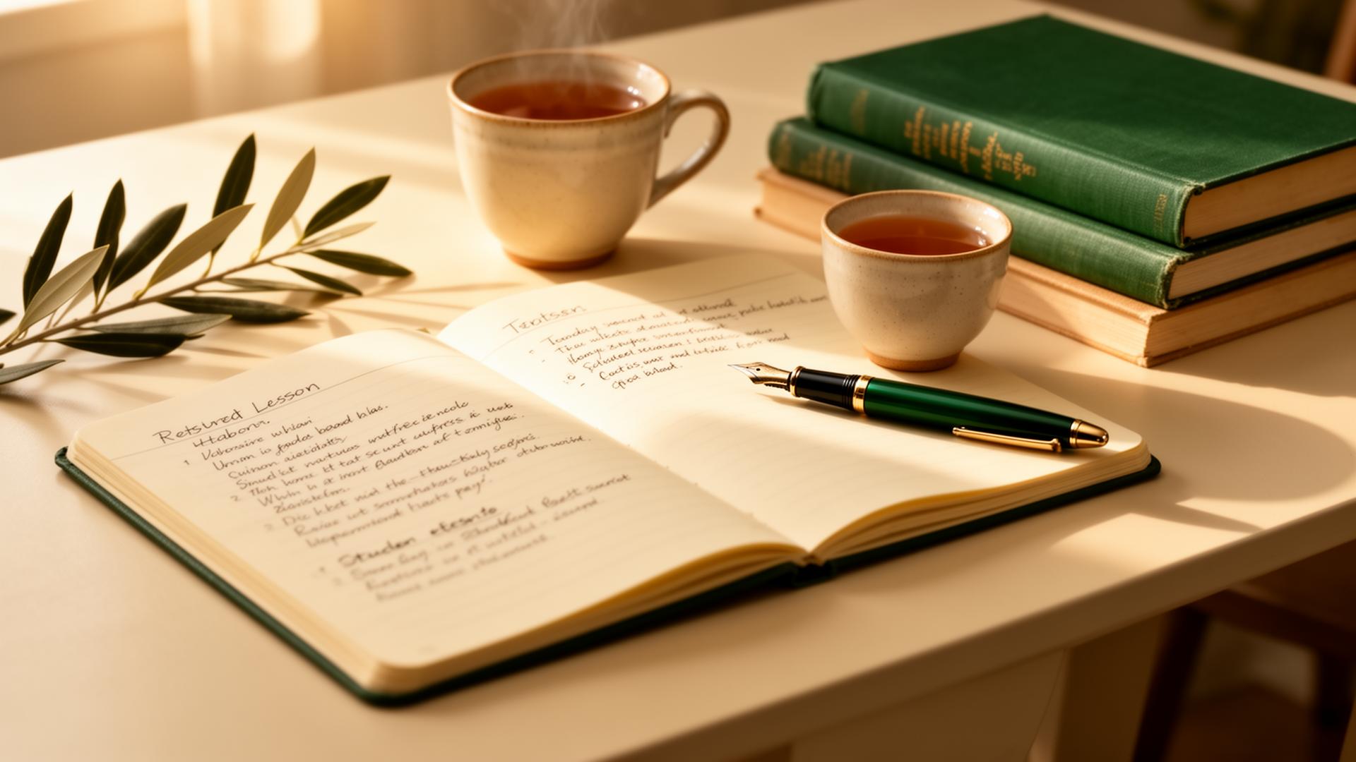 A teacher's desk with an open lesson notebook, fountain pen, tea and olive leaves in warm morning light